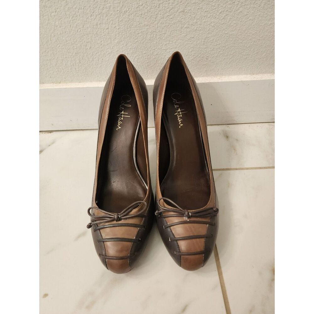 Cole Haan Nike Air Brown Two-Tone Leather Bow Pumps